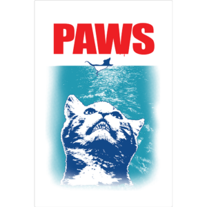 rectangular sign that has a cat looking up from water at a mouse swimming. text above the mouse says "Paws"