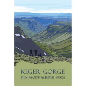 Rectangular wall art of colorful mountain range with text that says "Kiger Gorge Steens Mountain Wilderness- Oregon"