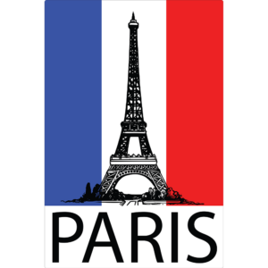 Rectangular sign that says Paris and has the Eiffel Tower & France flag in the background.
