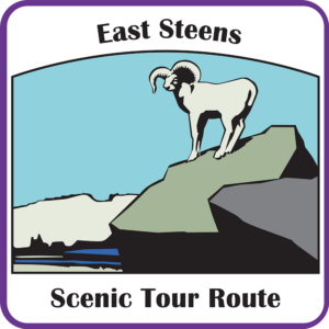 East Steens Scenic Tour Route Sign with a goat