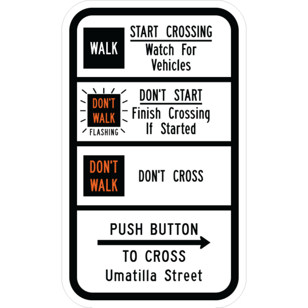 R10-3gR Push Button Educational Street Name Right Arrow Sign. Our signs are made with 50-52 H-38 conversion coated aluminum. All signs include pre-punched 3/8” holes top and bottom for mounting on a single post. Reflective sheeting is made specifically for outdoor traffic signs and is designed to last for ten years. Available in size 9” x 15”