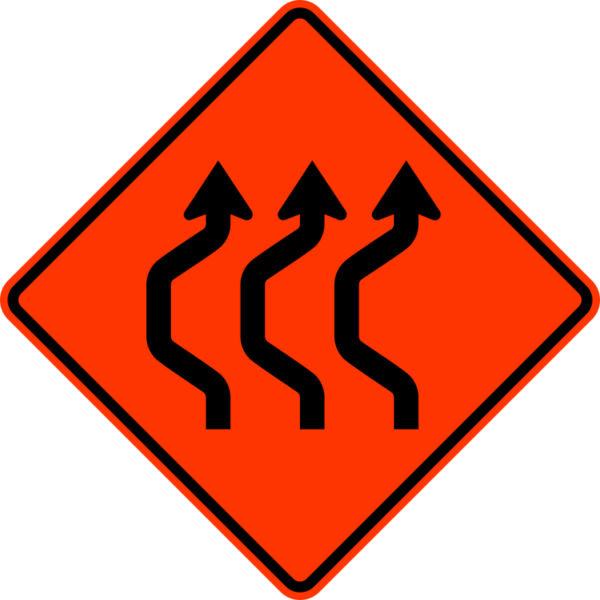 W24-1bL Double Reverse Curve 3 Lanes Left Construction Sign