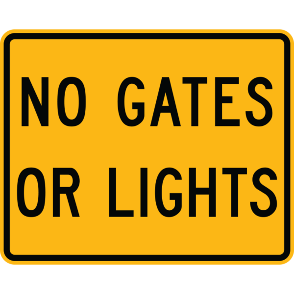 Yellow rectangular No Gates or Lights Plaque Sign