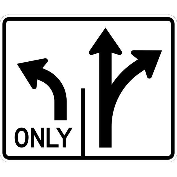 rectangular white and black Lane Use Control Left Only / Straight Right Arrow Sign