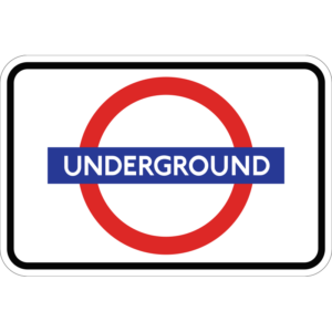 red, white and blue London Underground Sign