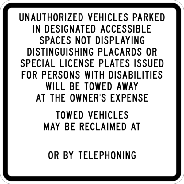 white and black sign for Disabled Tow-Away Sign