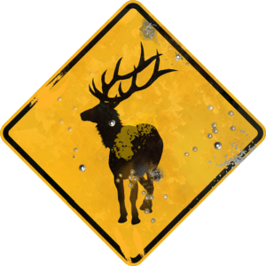 Street Sign elk crossing symbol. Vintage looking sign with digitally printed bullet holes.