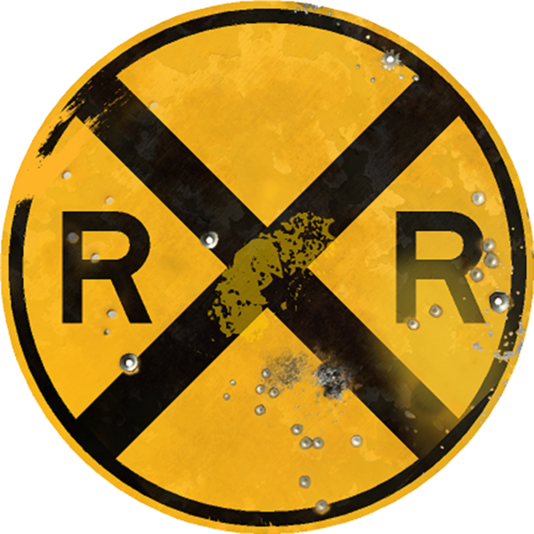 Rail Crossing Street Sign - Street Sign with circular Rail Crossing symbol. Vintage looking sign with digitally printed bullet holes.