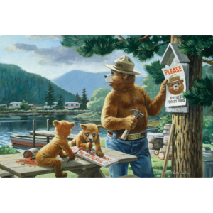 Horizontal Sign of Smokey bear Hanging up a prevent forest fire sign