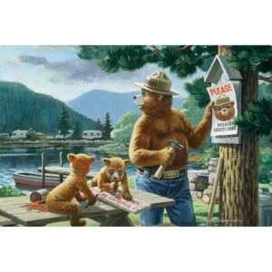 Smokey Bear Hurry Up Here They Come - Horizontal Sign of Smokey bear Hanging up a prevent forest fire sign