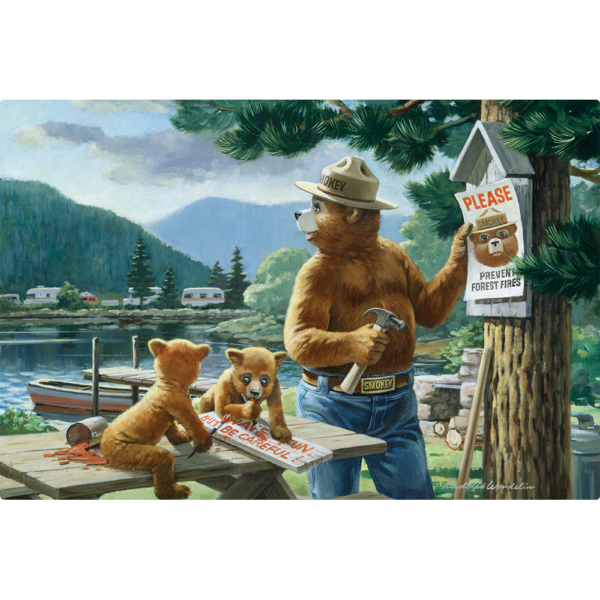 Smokey Bear Hurry Up Here They Come - Horizontal Sign of Smokey bear Hanging up a prevent forest fire sign