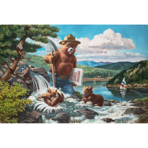 Horizontal Sign of Smokey bear standing near a lake with cubs.