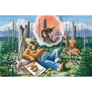 Horizontal Sign of Smokey bear and dreaming about a bear cub being saved.