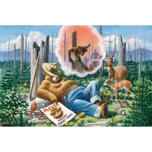 Smokey Bear Dream of a Well Remembered Forest Fire - Horizontal Sign of Smokey bear and dreaming about a bear cub being saved.