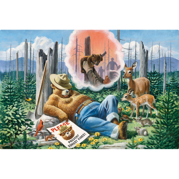 Smokey Bear Dream of a Well Remembered Forest Fire - Horizontal Sign of Smokey bear and dreaming about a bear cub being saved.