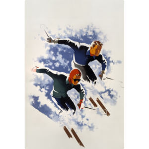 Vintage rectangular ski sign of two people skiing down a mountain.