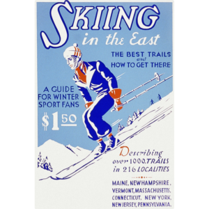Vintage ski Magazine with man skiing down a hill and Advertising text.