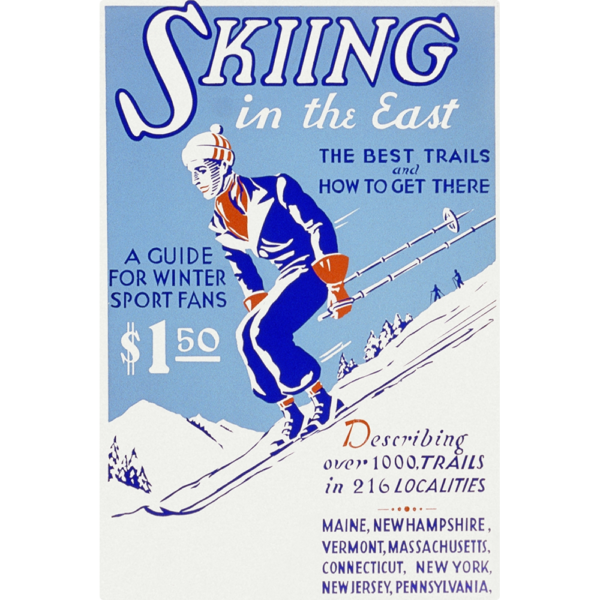 Skiing In The East - Vintage ski Magazine with man skiing down a hill and Advertising text.