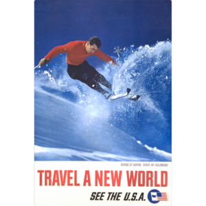 Vintage rectangular wall art with a man in a red turtle neck skiing down a hill. Text says "Travel A New World"