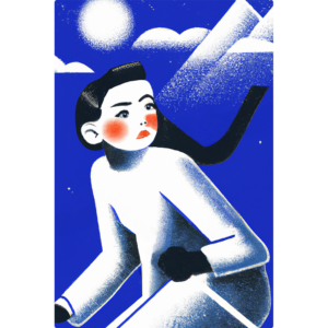Rectangular sign of woman skiing with blue background.