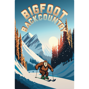 rectangular sign of Sasquatch skiing down a mountain with text above that reads "BigFoot Backcountry".