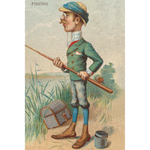 Fisherman on the shoreline, holding a rod with his tackle box and bait bucket.