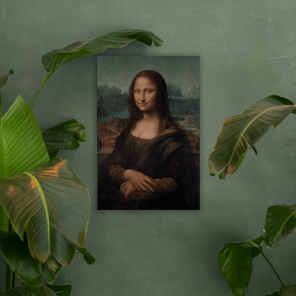 A reproduction of the Mona Lisa on aluminum hung up on a wall.