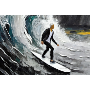 Man Surfing in a suite. Wetsuit