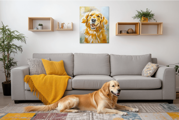 An aluminum print of a golden retriever smiling on a wall above a couch.