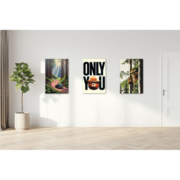 Three aluminum prints hung up on a wall in the sunlight.
