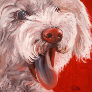 Yorkie Painting - A Little Bit of Joy- A painting of a white dog with its tongue out on a red background.