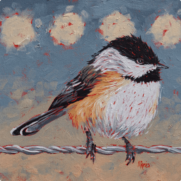 Bird Painting - Chickadee On A Wire , A print of Molly Reeves' painting, Chickadee On A Wire.