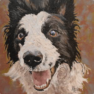 Dog Art - Happiness For No Reason, An oil painting of a black and white dog on a rich brown background.