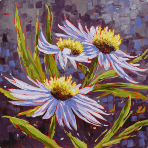 Flower Painting - Action. A painting of three purple flowers with yellow centers.