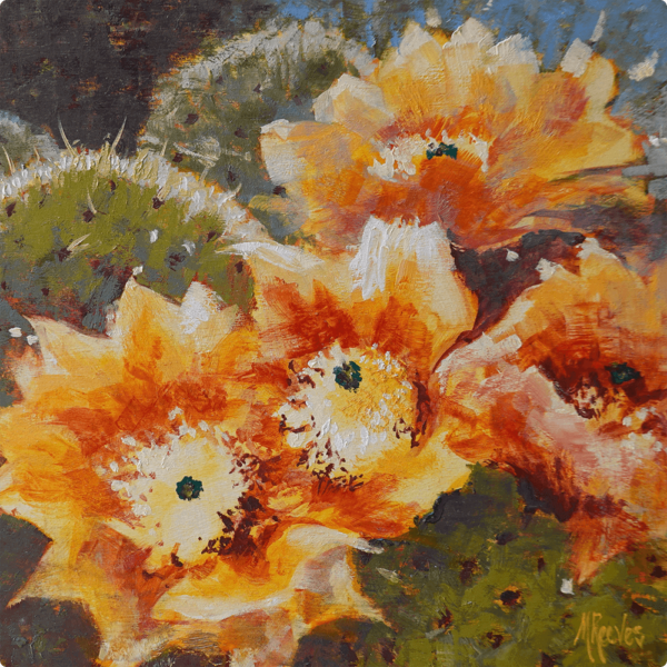 Cactus Flower - Circles. A close up painting of orange cactus flowers.