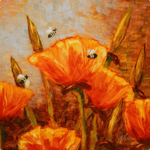 orange poppies - Classic Frequency- A painting of orange poppies surrounded by bees buzzing.