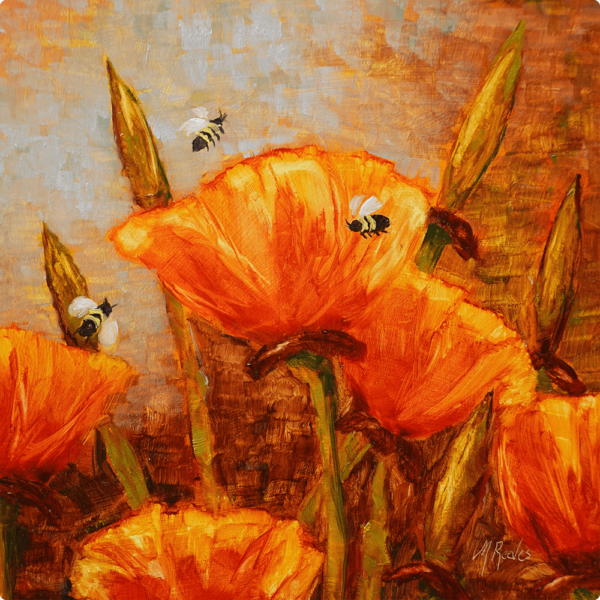 orange poppies - Classic Frequency- A painting of orange poppies surrounded by bees buzzing.