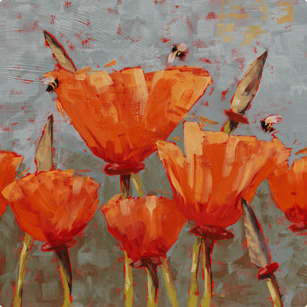 orange poppies art - Liberation- A painting of poppies on a blue background.