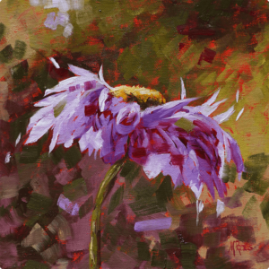 Flower Painting - Lively One. A painting of a purple flower on a green background.