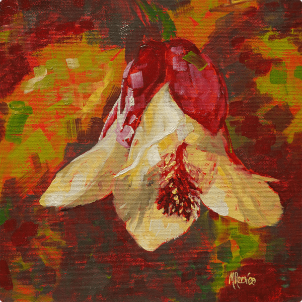 flower painting - Respond. A painting of a flower on an orange and red background.