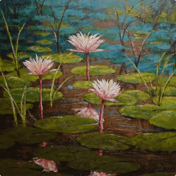 Lilly Pad- Captivated. A painting of lily pads and pink flowers growing in a pond titled Captivated.