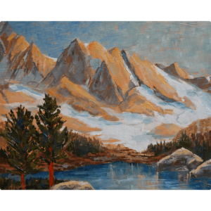 Mountain Wall Art - Keeping It Delightful. A painting of snowy mountains behind a lake titled Keeping It Delightful.