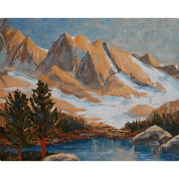 Mountain Wall Art - Keeping It Delightful. A painting of snowy mountains behind a lake titled Keeping It Delightful.