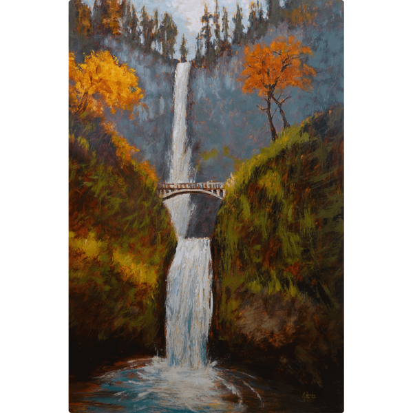 multnomah falls - Living Proof. A painting of Multnomah Falls surrounded by fall foliage titled Living Proof.