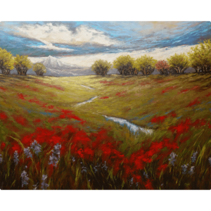 Scenery Painting - Shimmering Northwest- A painting titled Shimmering Northwest depicting a meadow with a winding stream flowing through a grassy field filled with red wildflowers.