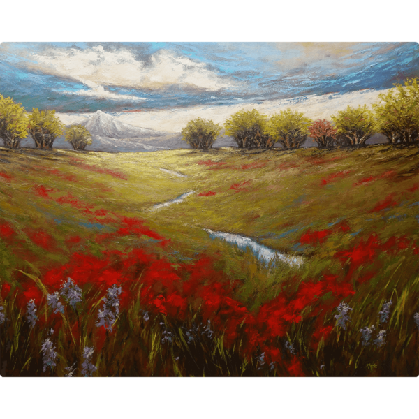 Scenery Painting - Shimmering Northwest- A painting titled Shimmering Northwest depicting a meadow with a winding stream flowing through a grassy field filled with red wildflowers.