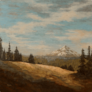 Landscape painting - Never Too Late to Dance. An oil painting of Never Too Late to Dance depicting a mountain in the distance surrounded by grass and trees.