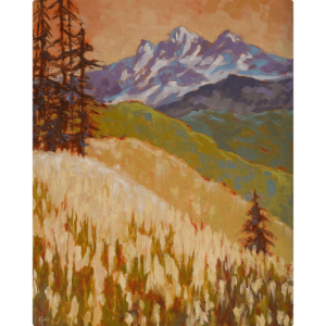 landscape painting - Paradise. An oil painting titled Paradise of a mountain in the distance with dry grass in the foreground.