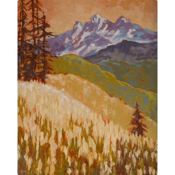 landscape painting - Paradise. An oil painting titled Paradise of a mountain in the distance with dry grass in the foreground.