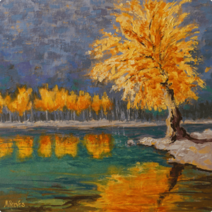 Nature Painting - Timeless, An oil painting of a body of water surrounded by trees teeming with fall foliage.